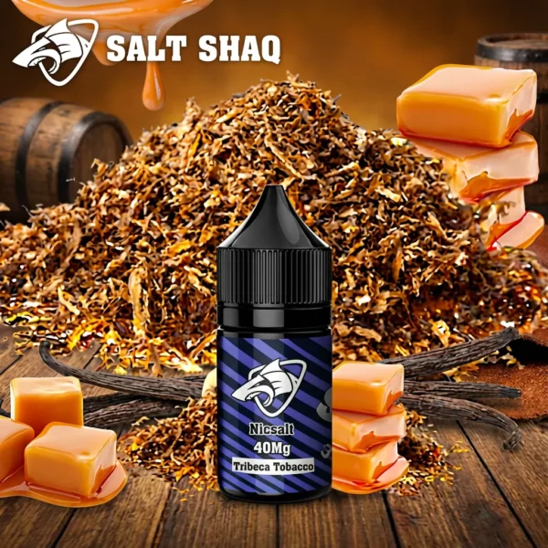 SALT SHAQ 煙油單瓶展示，海藍黑斜紋標籤，黑色尖嘴蓋，標籤可辨 Nicsalt 40Mg 與 Tribeca Tobacco，菸草葉與焦糖塊背景