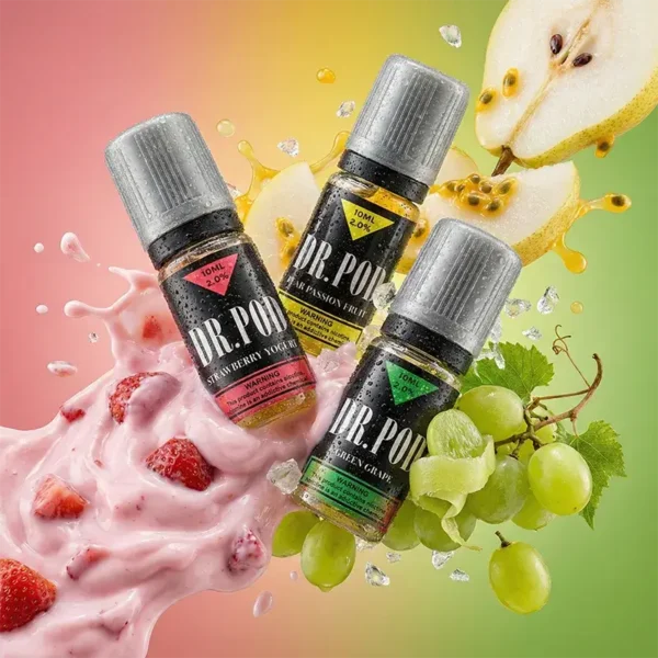 三瓶 DR.POD 10mL 商品，標示 Strawberry Yogurt、Passion Fruit 與 Green Grape