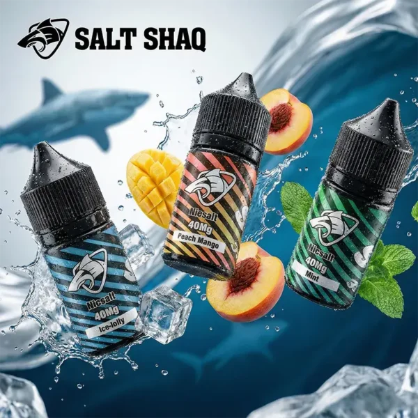 SALT SHAQ 煙油 3 瓶展示，黑色尖嘴旋蓋，瓶身標籤可辨 Nicsalt 40Mg 及 Ice-lolly、Peach Mango、Mint
