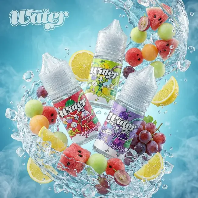 Water 煙油 3 瓶透明塑膠尖嘴瓶，標籤可辨 Watermelon、Lemon 與 Grape，無外盒