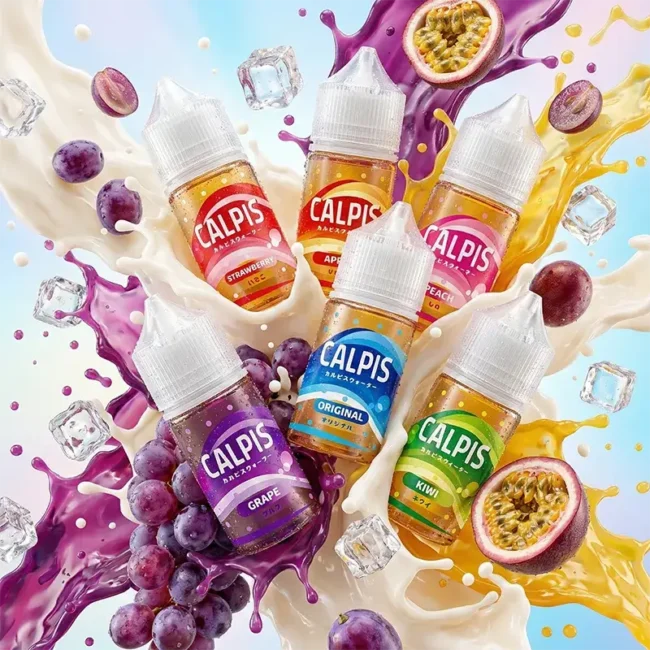 可爾必思煙油 Calpis Show 產品圖，原味乳酸、百香果與葡萄奶香調性