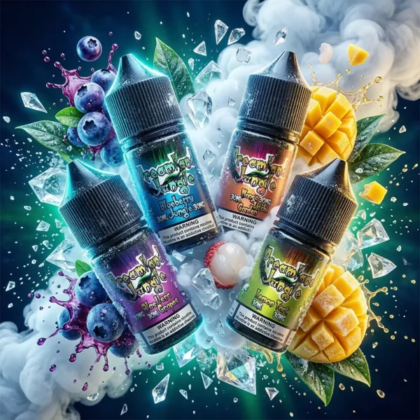 四個彩色標籤黑色尖蓋瓶，標籤可見 Blueberry、Mango 與英文尼古丁警語