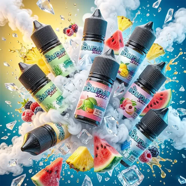 假日鹽煙油 HOLIDAY SALT 商品圖，呈現水果、菸草與冰感調性