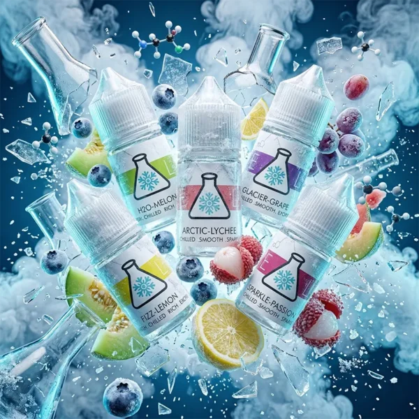 冰凍實驗室煙油 ICE LAB 商品圖，呈現藍莓、檸檬、荔枝、蜜瓜與葡萄冰感調性