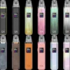 OXVA XLIM PRO 小蠻牛電子煙主機顏色全合集，展示 20 款不同材質（拉絲金屬、碳纖維、皮革、布紋）與配色的 30W pod kit 變體