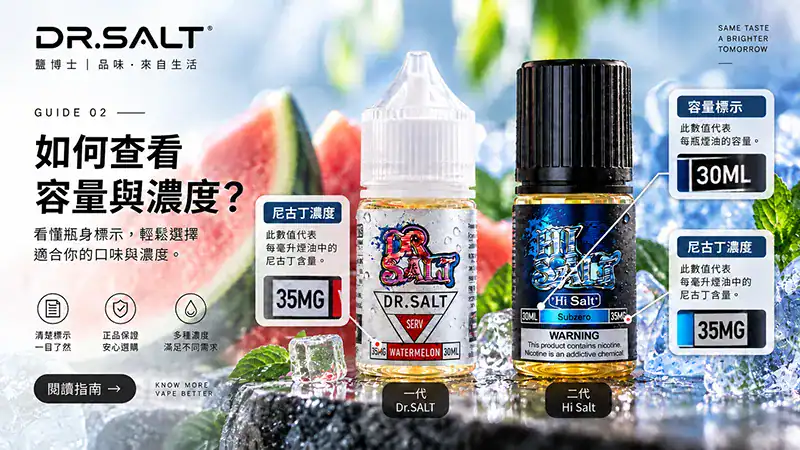 Dr.SALT 煙油瓶身容量與濃度標示圖解
